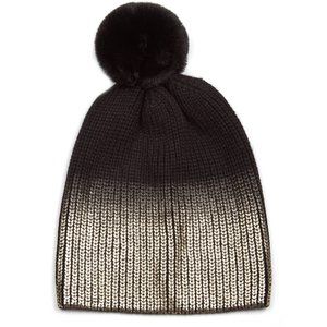 JOCELYN Gold Black Knit Hat Faux Fur Pom